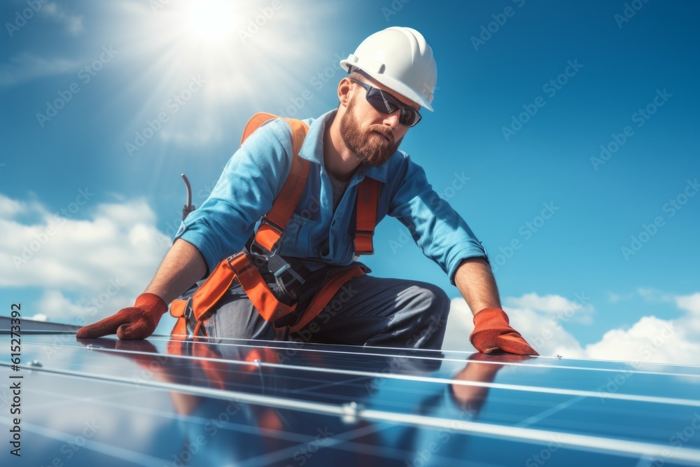 Electrician engineer at the installation of solar panels. Background with selective focus. AI generated, human enhanced Electrician engineer at the installation of solar panels. Background with selective focus. AI generated, human enhanced
