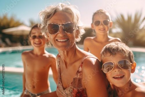 An old woman with her grandchildren on a spa vacation. Background with selective focus. AI generated, human enhanced