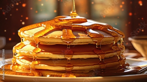 Tower of pancakes with honey on a breakfast table generative ai