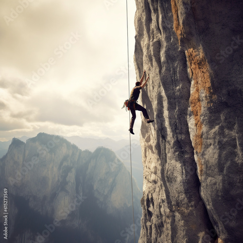 Rock climber, climbing up a huge mountain. Meeting goals. Overcoming obstacles. 