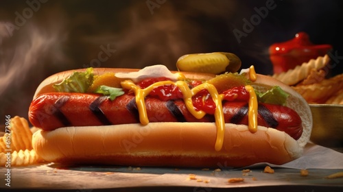 Hot dog on a table on a dark background generative ai