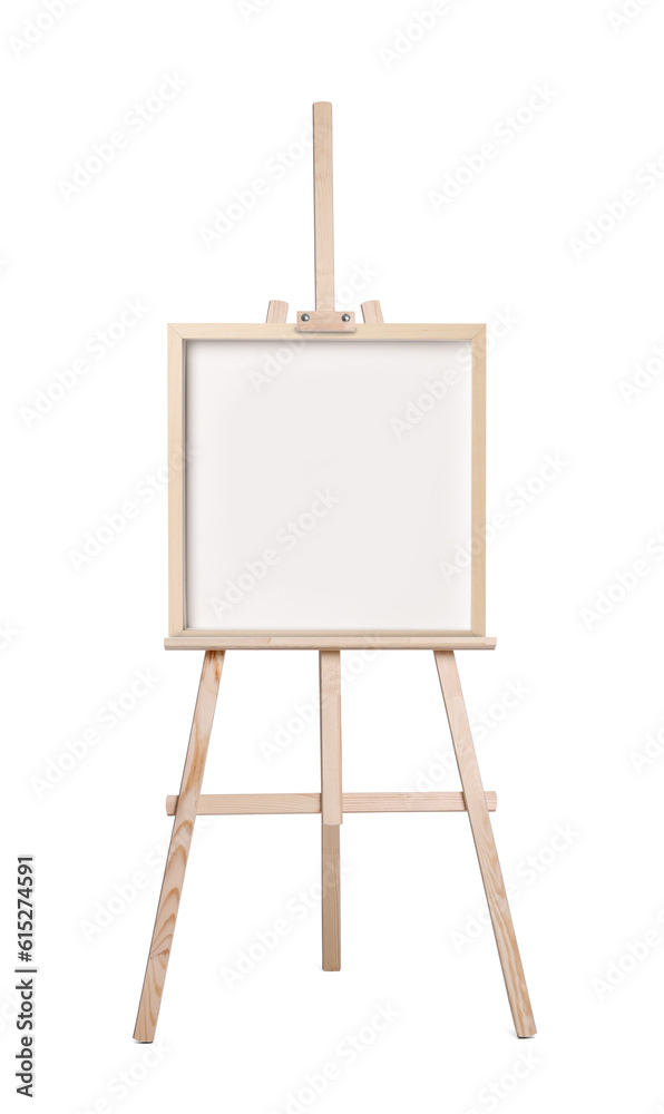 Wooden easel with blank canvas on white background. Mockup for design Wooden easel with blank canvas on white background. Mockup for design