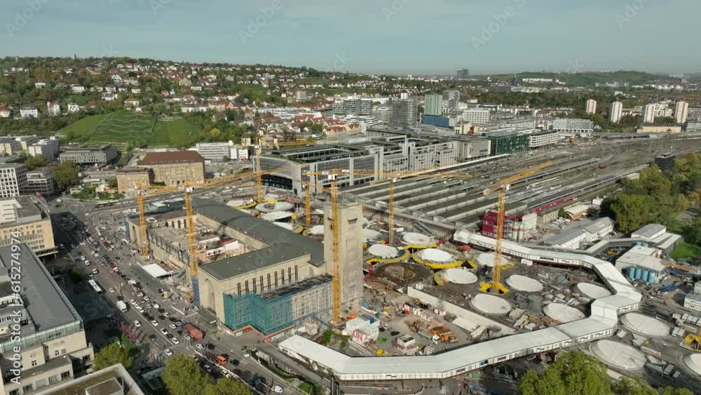 day time stuttgart city train station construction area central district railways aerial panorama 4k germany 