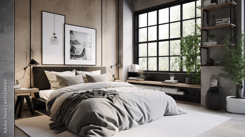 Cozy bedroom with a large window. Scandinavian style. created with Generative AI