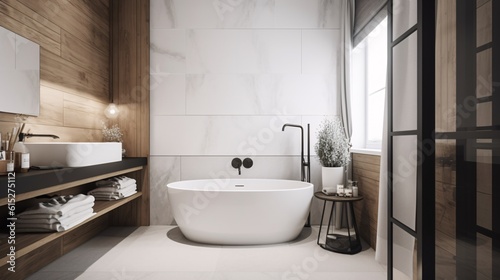 Interior of modern bathroom with white and wooden walls  tiled floor  white bathtub and round mirror. Scandinavian style. created with Generative AI