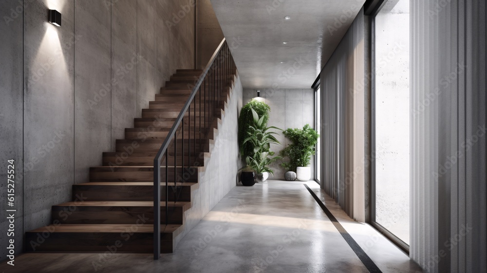 Interior of modern office with concrete walls, concrete floor and long stairway. Industrial, concrete or loft Style. created with Generative AI