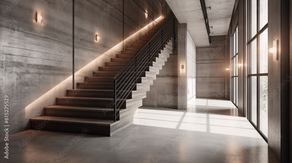 Interior of modern loft with concrete walls, concrete floor and black stairs. Industrial, concrete or loft Style. created with Generative AI