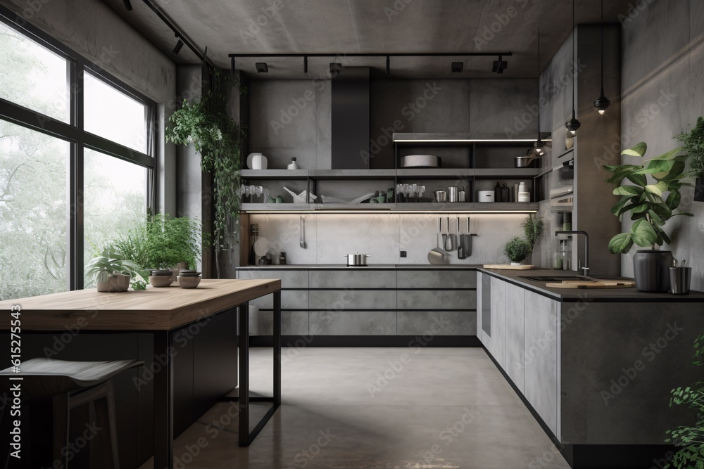 Illustration of black modern kitchen in a loft with concrete floor. Industrial, concrete or loft Style. created with Generative AI