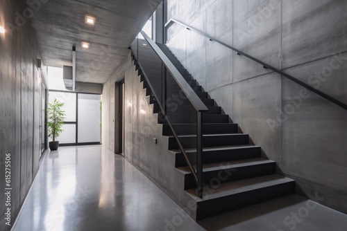 Interior of a modern office building with dark concrete staircases. Apartment or house concept. Industrial, concrete or loft Style. created with Generative AI