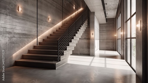 Interior of modern loft with concrete walls  concrete floor and black stairs. Industrial  concrete or loft Style. created with Generative AI