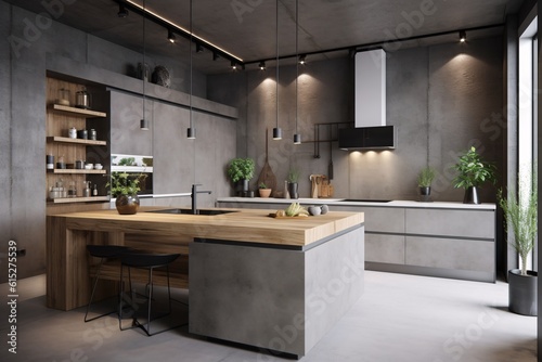 Interior of modern kitchen with gray walls  concrete floor  gray countertops and wooden cupboards. Industrial  concrete or loft Style. created with Generative AI