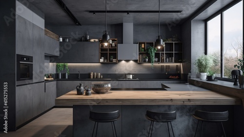 Black modern kitchen in a loft with a beautiful design. Industrial, concrete or loft Style. created with Generative AI