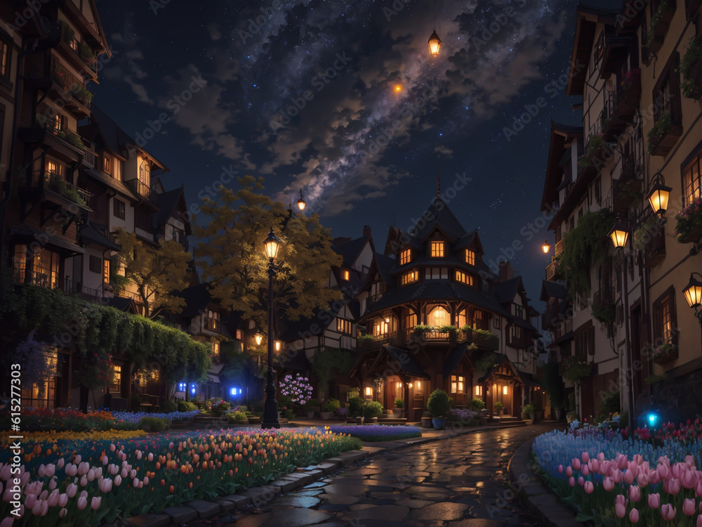The streets come alive under the moonlit glow, with silhouettes of buildings and bridges casting graceful shadows, transforming the urban landscape into a dreamlike realm with colorful flowers.