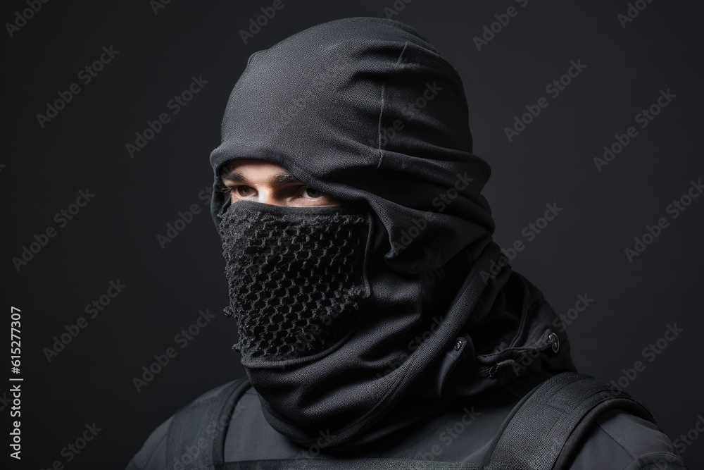 A man in combat gear with a black balaclava A man in combat gear with a black balaclava
