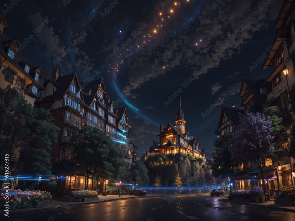 The city at night exudes an enchanting ambiance, where twinkling lights paint a magical canvas against the darkened sky evoking a sense of wonder akin to a fairy tale.