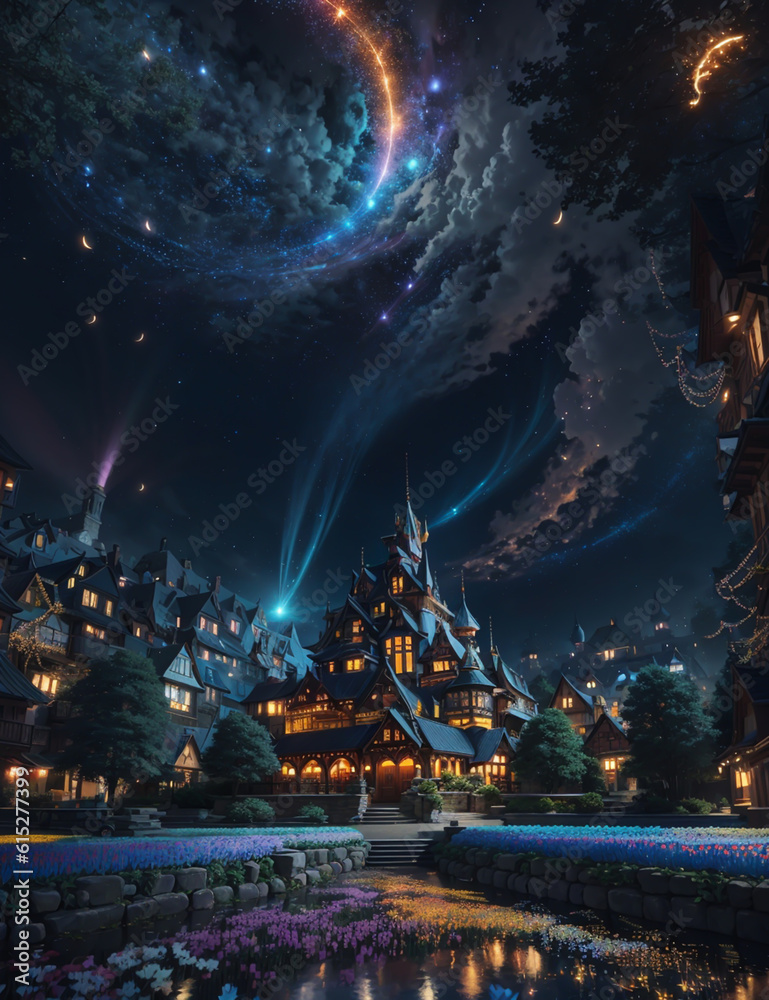 Obraz premium The city comes alive at night with a breathtaking display of flowers in full bloom, their vibrant hues contrasting against the backdrop of a star-filled sky, while the city lights twinkle like diamond