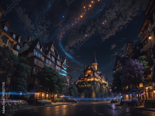 The city at night exudes an enchanting ambiance, where twinkling lights paint a magical canvas against the darkened sky evoking a sense of wonder akin to a fairy tale.