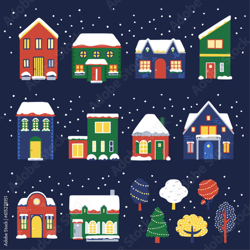 雪の積もった夜の家　イラストセット