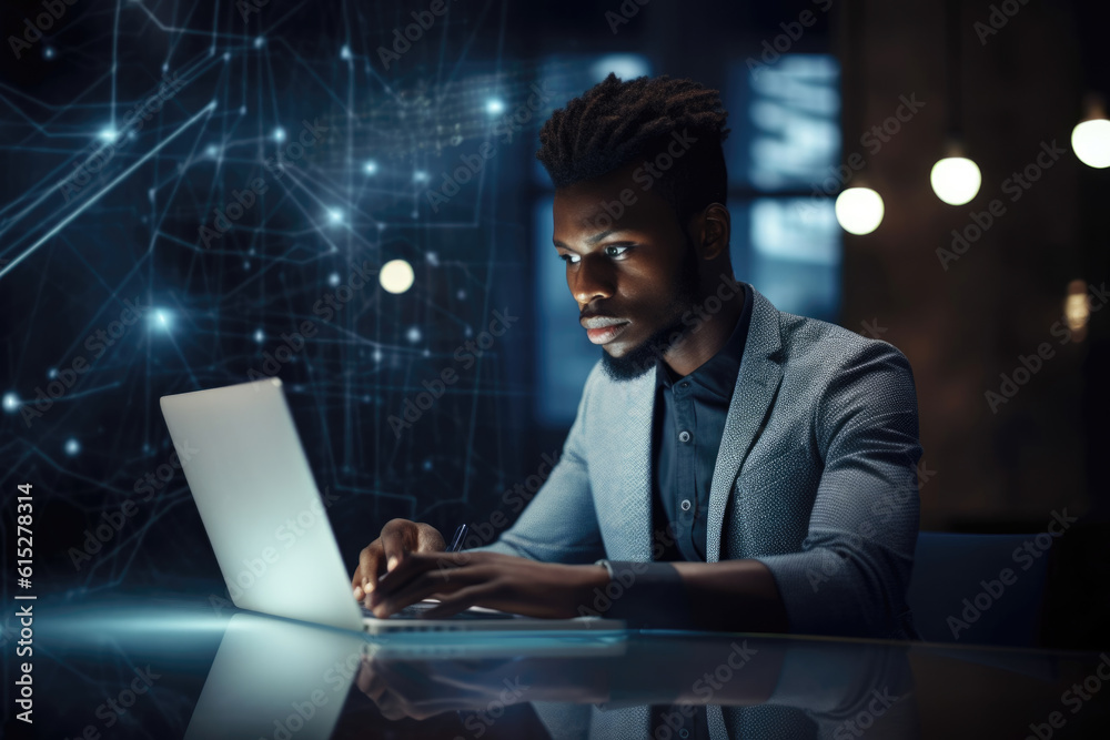 Smart Professional Successful African American Businessman in Suit Attending Virtual Meeting on Laptop in Office Technology Future Generative AI Smart Professional Successful African American Businessman in Suit Attending Virtual Meeting on Laptop in Office Technology Future Generative AI