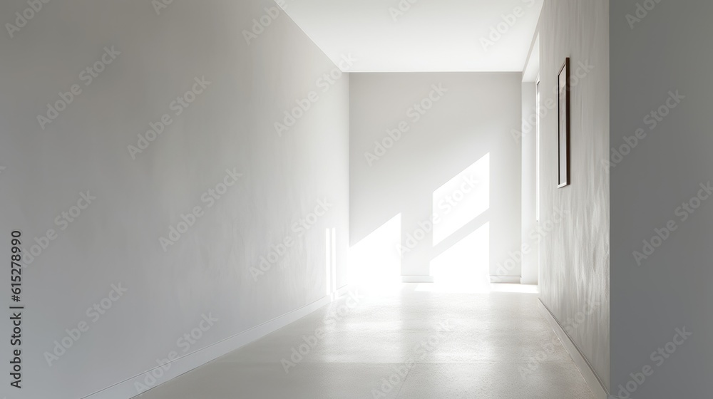 Sunlight illuminates a white hallway with framed artwork on the wall. Generative AI.