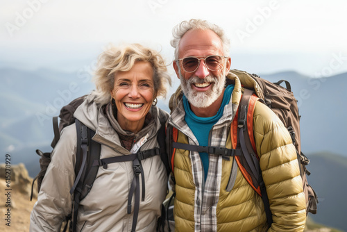 Active retired couple hiking outdoors in mountains in fall