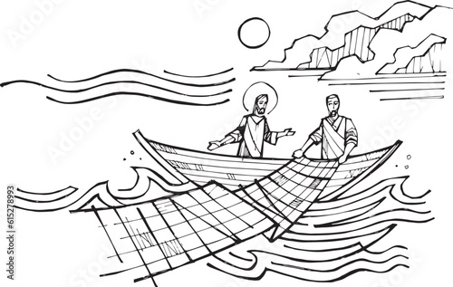 Hand drawn illustration of Jesus casting the nets.