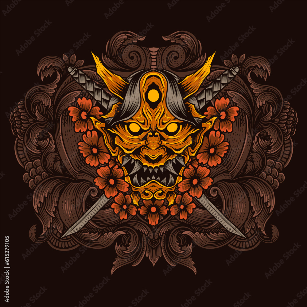 Oni mask with two sword and flower Oni mask with two sword and flower