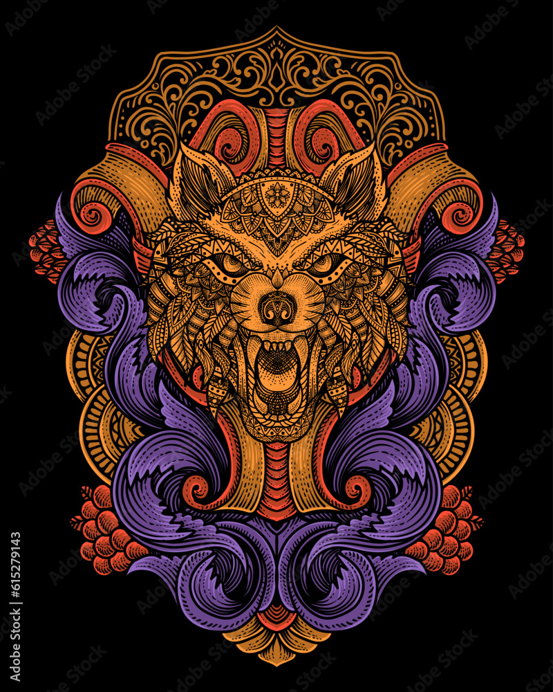 Wolf head tribal style with antique engraving ornament