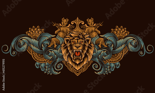 Lion head with two demon antique engraving style