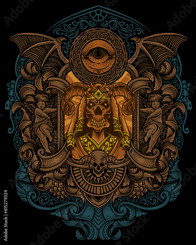 Demon king on vintage engraving frame
