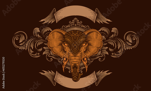Elephant head tribal style with antique engraving ornament
