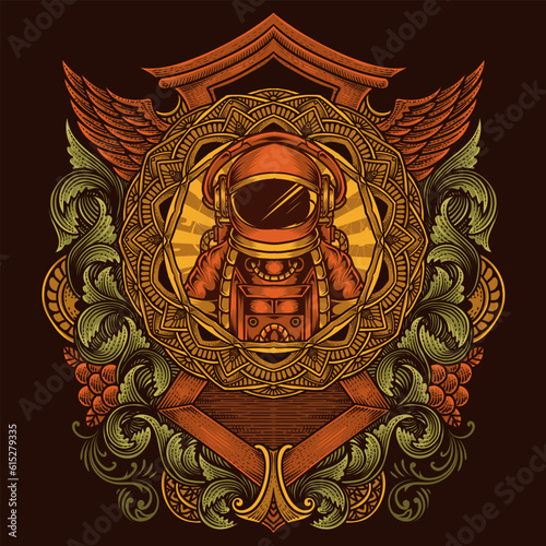 Astronaut on vintage engraving ornament frame