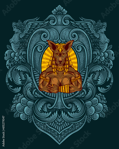 Anubis God with antique engraving ornament