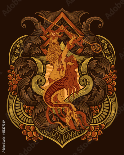 Capricorn zodiac symbol with antique engraving ornament