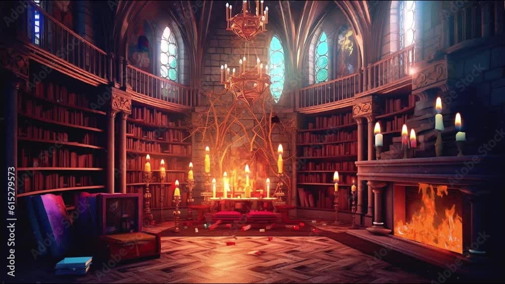 Immerse yourself in a mystical VTuber backdrop, where the lore of a magical library comes to life. Vintage books, ethereal glow, and a flickering fireplace set the animation alight with enchanting all