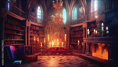 Immerse yourself in a mystical VTuber backdrop, where the lore of a magical library comes to life. Vintage books, ethereal glow, and a flickering fireplace set the animation alight with enchanting all
