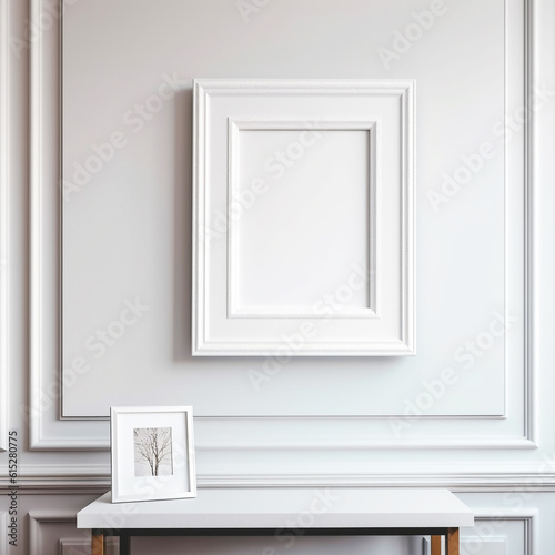 Blank white vertical wooden picture wall frame mockup. Small square frame photo on table, desk. White wall background. Empty copy space. 