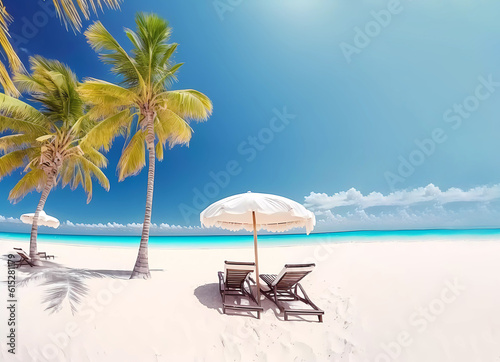 Sunbeds and an umbrella on the white sand. Palm trees  sun and sand. Rest by the sea. Rest in the ocean. Generative AI