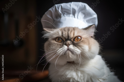 cat wearing a miniature chef hat and apron, attempting to cook or prepare a meal with comical expressions, generative AI © Kien