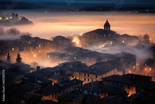 Fog above the old city of Bologna, Italy