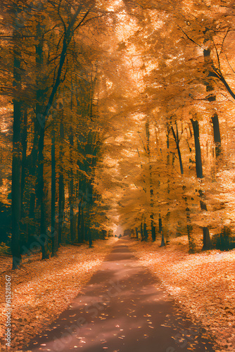 Autumn background  analog style  straight road  leaves along the way  orange trees. AI generation