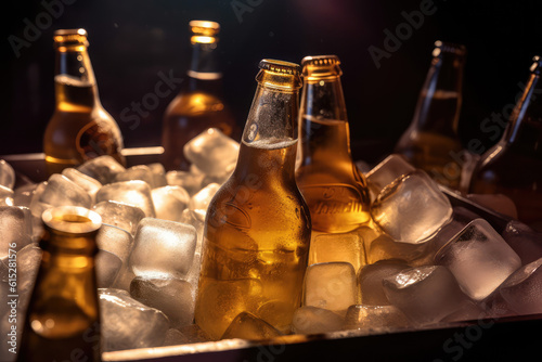 Cold beer bottles in ice cubes, generative AI