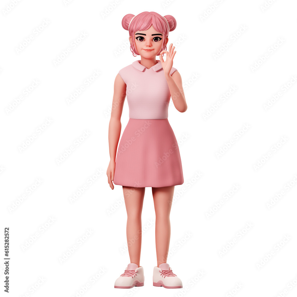 Cute female character with double buns showing Ok pose using right hand, 3D Character Render Illustration Cute female character with double buns showing Ok pose using right hand, 3D Character Render Illustration