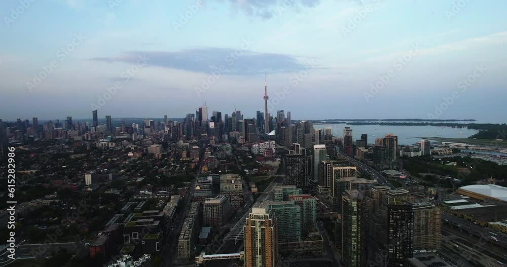 Panoramic drone shot of Niagara district and Toronto skyline, sunrise in Canada Panoramic drone shot of Niagara district and Toronto skyline, sunrise in Canada
