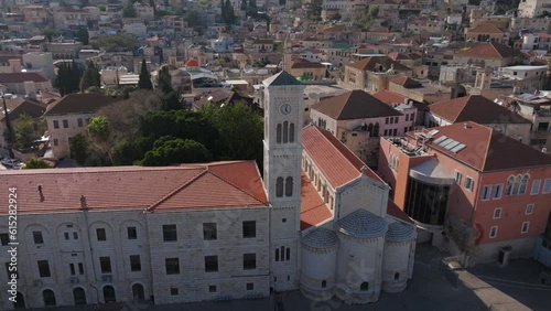 Aerial orbits ancient Convento Francescano in old town Nazareth, ISR photo