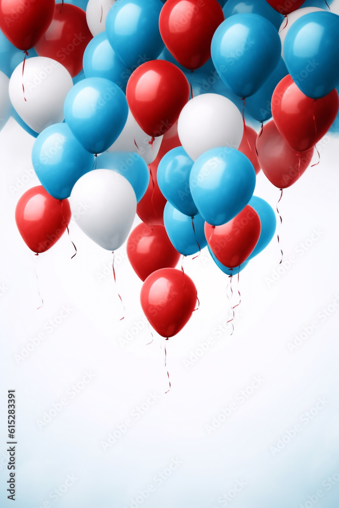 fliegende blaue, rote und weiße Ballons auf hellem Hintergrund. Hochkant. Hochformat. Generative Ai. fliegende blaue, rote und weiße Ballons auf hellem Hintergrund. Hochkant. Hochformat. Generative Ai.