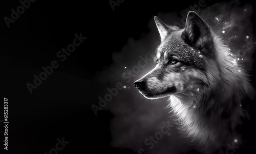 Black and white portrait of a wolf in a haze. Wolf. Wallpaper. Banner. Generated AI © Infinity