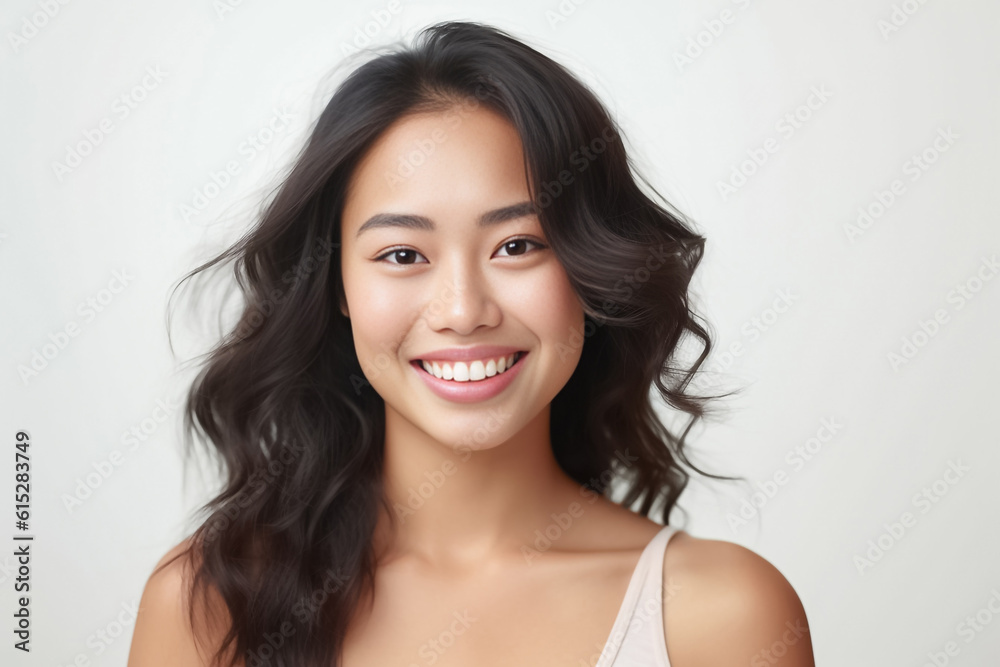 curly hair and an infectious smile, an Asian teenage girl showcases a positive vibe against a white backdrop. generative ai. curly hair and an infectious smile, an Asian teenage girl showcases a positive vibe against a white backdrop. generative ai.