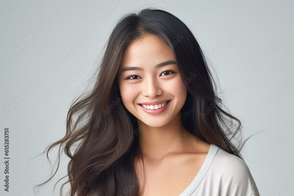 curly hair and an infectious smile, an Asian teenage girl showcases a positive vibe against a white backdrop. generative ai. curly hair and an infectious smile, an Asian teenage girl showcases a positive vibe against a white backdrop. generative ai.