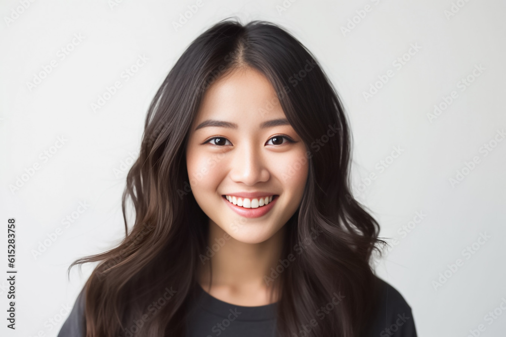 curly hair and an infectious smile, an Asian teenage girl showcases a positive vibe against a white backdrop. generative ai. curly hair and an infectious smile, an Asian teenage girl showcases a positive vibe against a white backdrop. generative ai.